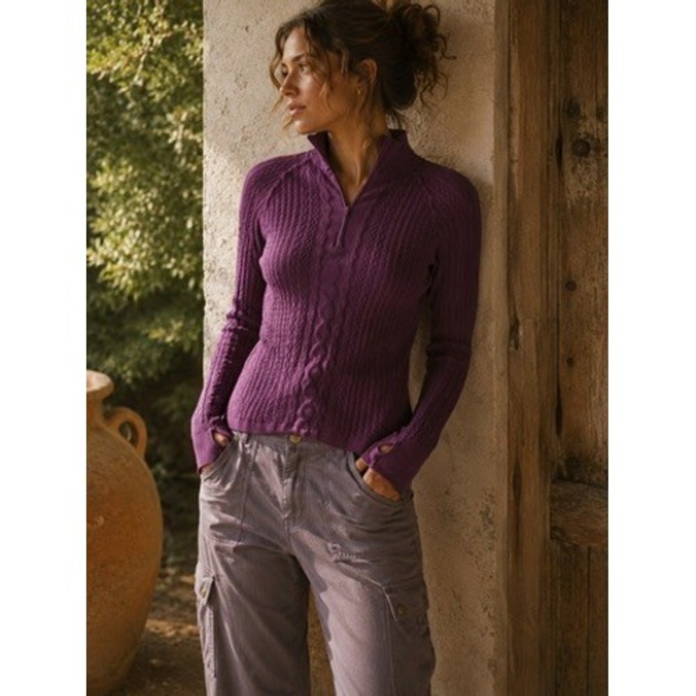 Krimson Klover Womens Purple Cable Knit 1/4 Zip Pullover Base Layer Thumbholes M